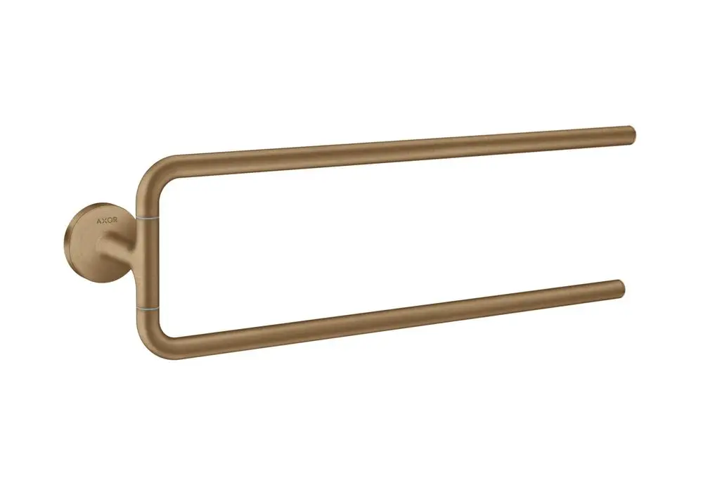 Handtuchhalter mit zwei Armen in gebürstetem Bronze-Finish, an der Wand montiert. Hersteller ist AXOR.